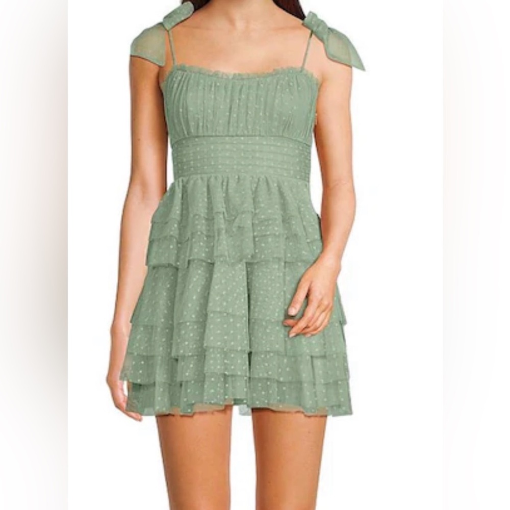 City Vibe Tube Shirred Bodice Tie Strap Tiered Dress Sage Green Juniors Size M